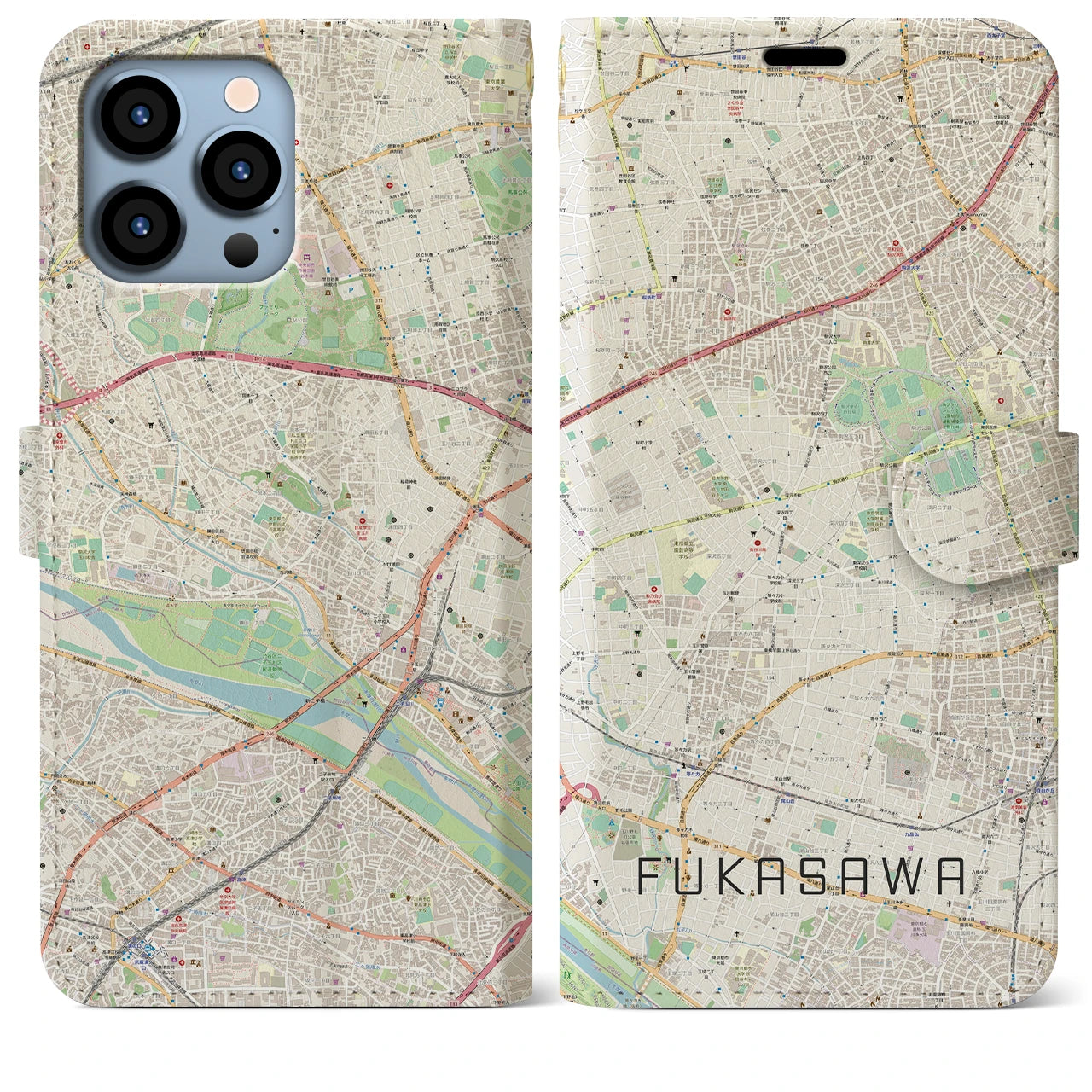 【深沢】地図柄iPhoneケース（手帳両面タイプ・ナチュラル）iPhone 13 Pro Max 用