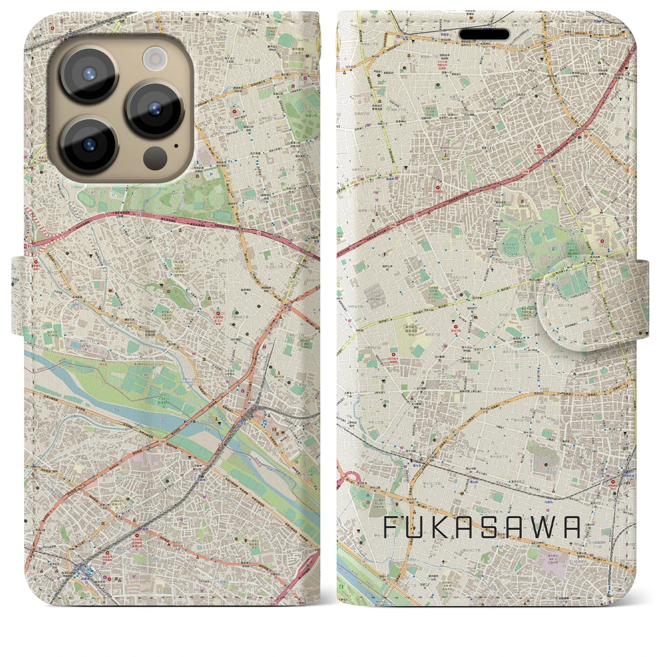 【深沢】地図柄iPhoneケース（手帳両面タイプ・ナチュラル）iPhone 14 Pro Max 用