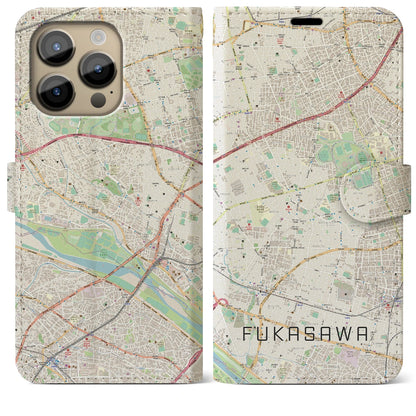 【深沢（東京都）】地図柄iPhoneケース（手帳タイプ）ナチュラル・iPhone 14 Pro Max 用