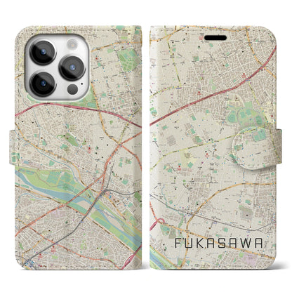 【深沢（東京都）】地図柄iPhoneケース（手帳タイプ）ナチュラル・iPhone 14 Pro 用