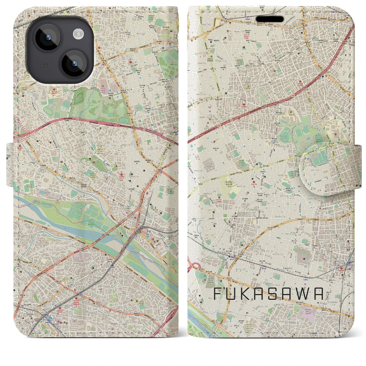 【深沢】地図柄iPhoneケース（手帳両面タイプ・ナチュラル）iPhone 14 Plus 用