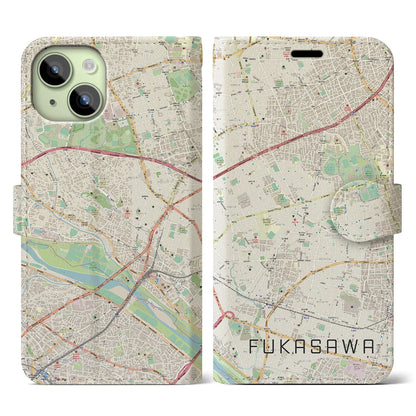 【深沢（東京都）】地図柄iPhoneケース（手帳タイプ）ナチュラル・iPhone 15 用