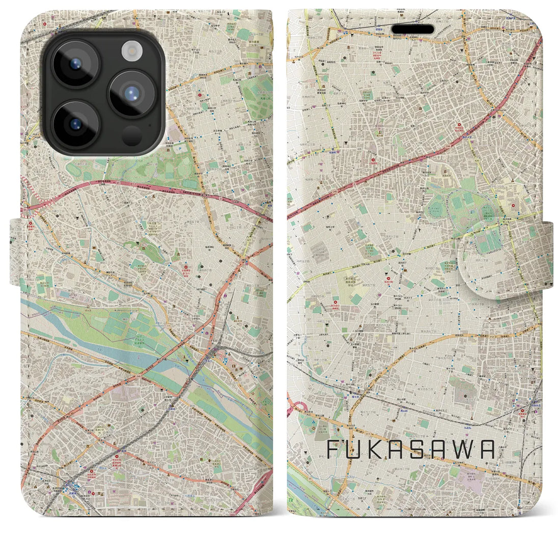 【深沢】地図柄iPhoneケース（手帳両面タイプ・ナチュラル）iPhone 15 Pro Max 用
