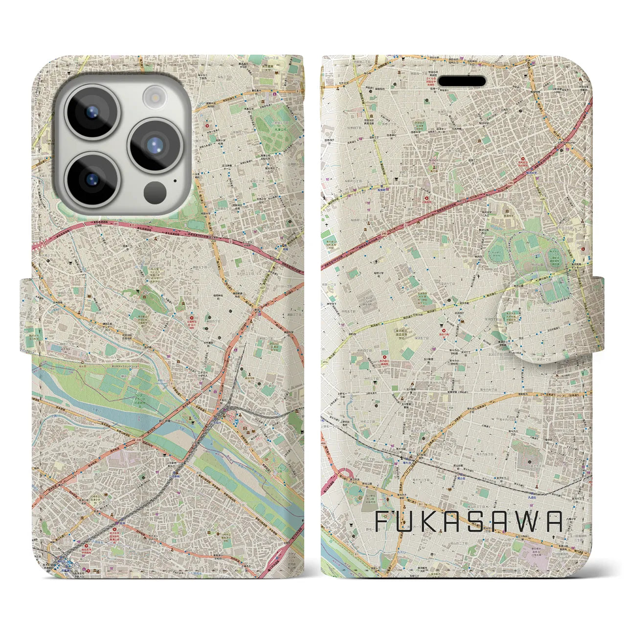 【深沢】地図柄iPhoneケース（手帳両面タイプ・ナチュラル）iPhone 15 Pro 用