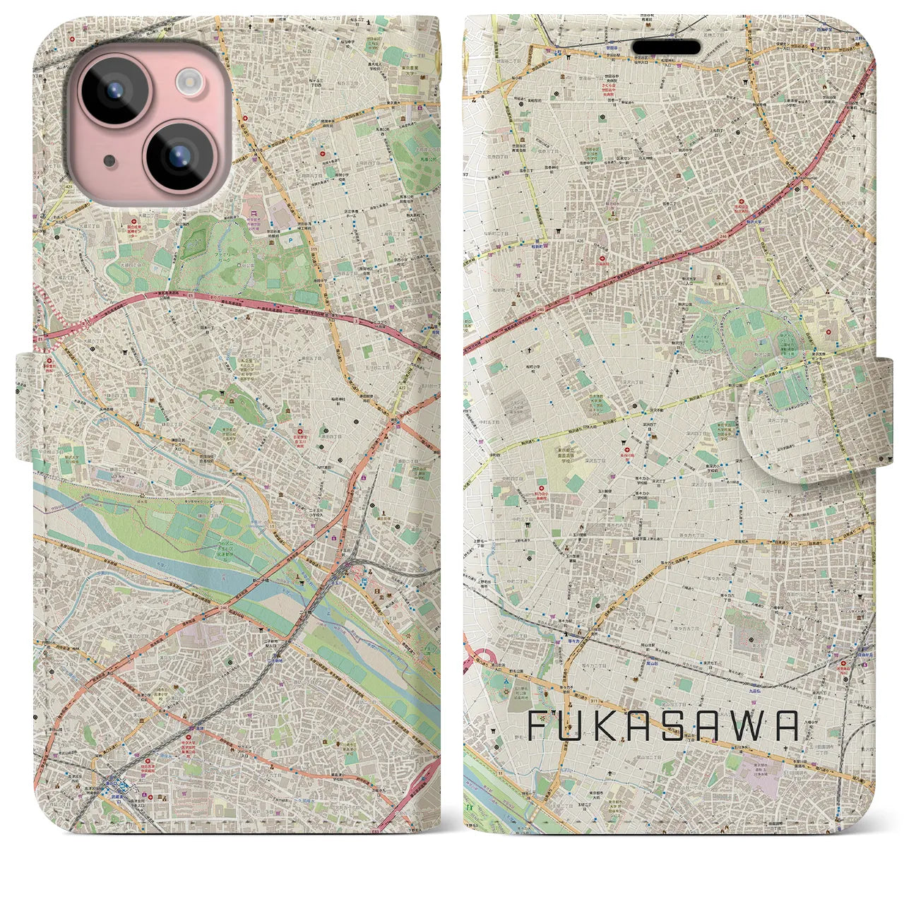 【深沢】地図柄iPhoneケース（手帳両面タイプ・ナチュラル）iPhone 15 Plus 用