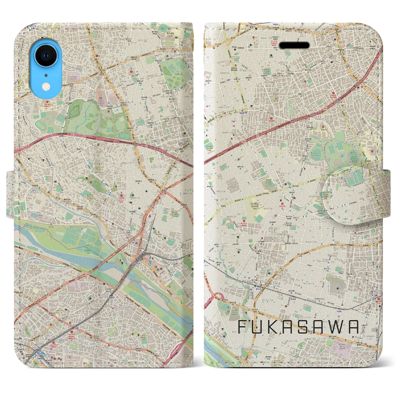 【深沢】地図柄iPhoneケース（手帳両面タイプ・ナチュラル）iPhone XR 用