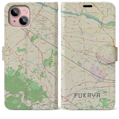 【深谷（埼玉県）】地図柄iPhoneケース（手帳タイプ）ナチュラル・iPhone 15 Plus 用