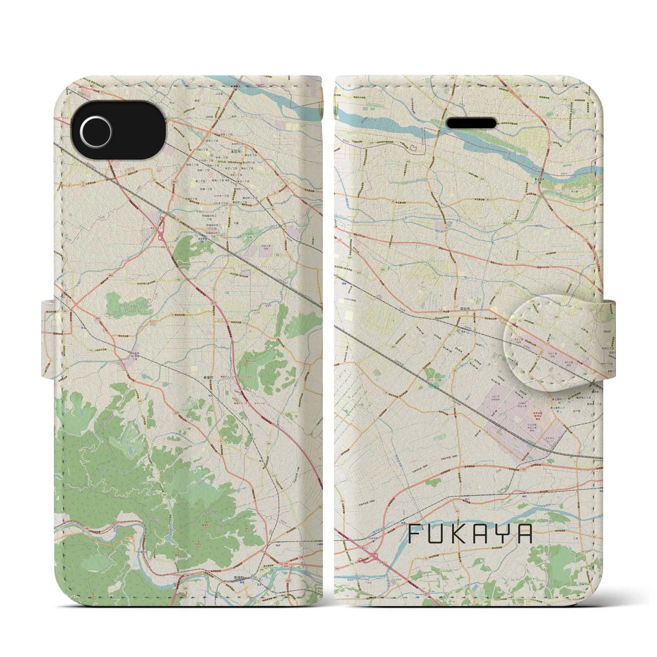 【深谷（埼玉県）】地図柄iPhoneケース（手帳タイプ）ナチュラル・iPhone SE（第3 / 第2世代） / 8 / 7 / 6s / 6 用