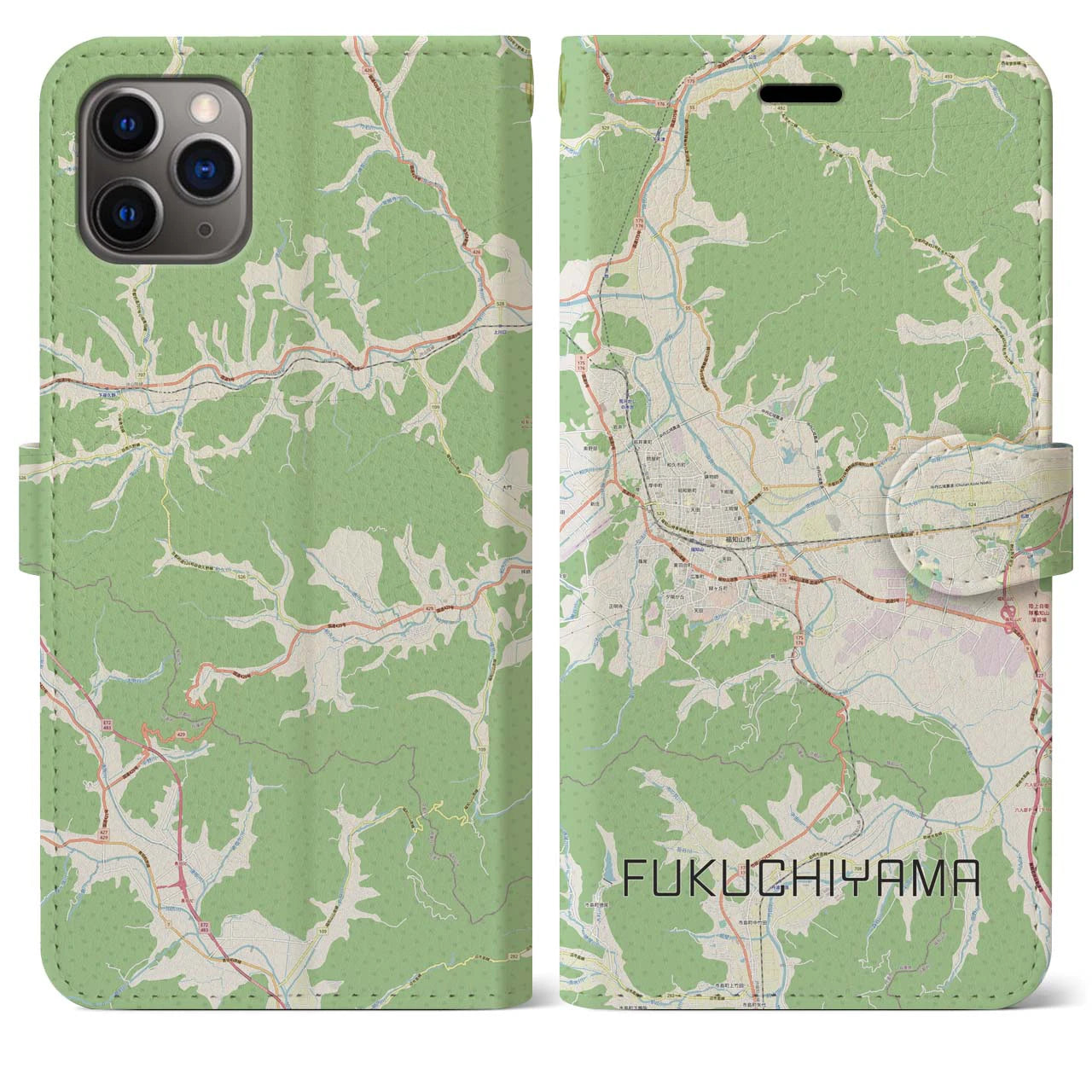 【福知山】地図柄iPhoneケース（手帳両面タイプ・ナチュラル）iPhone 11 Pro Max 用