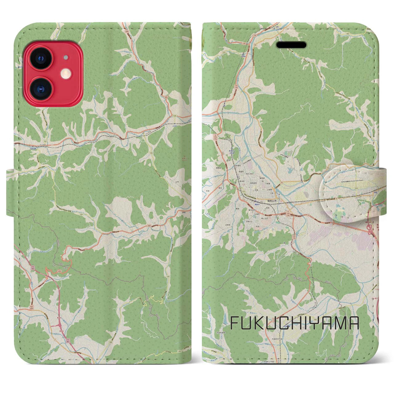 【福知山】地図柄iPhoneケース（手帳両面タイプ・ナチュラル）iPhone 11 用