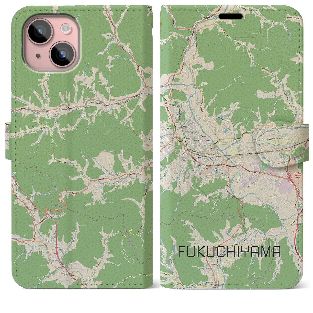 【福知山】地図柄iPhoneケース（手帳両面タイプ・ナチュラル）iPhone 15 Plus 用
