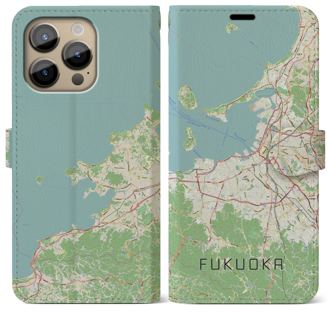 【福岡】地図柄iPhoneケース（手帳両面タイプ・ナチュラル）iPhone 14 Pro Max 用