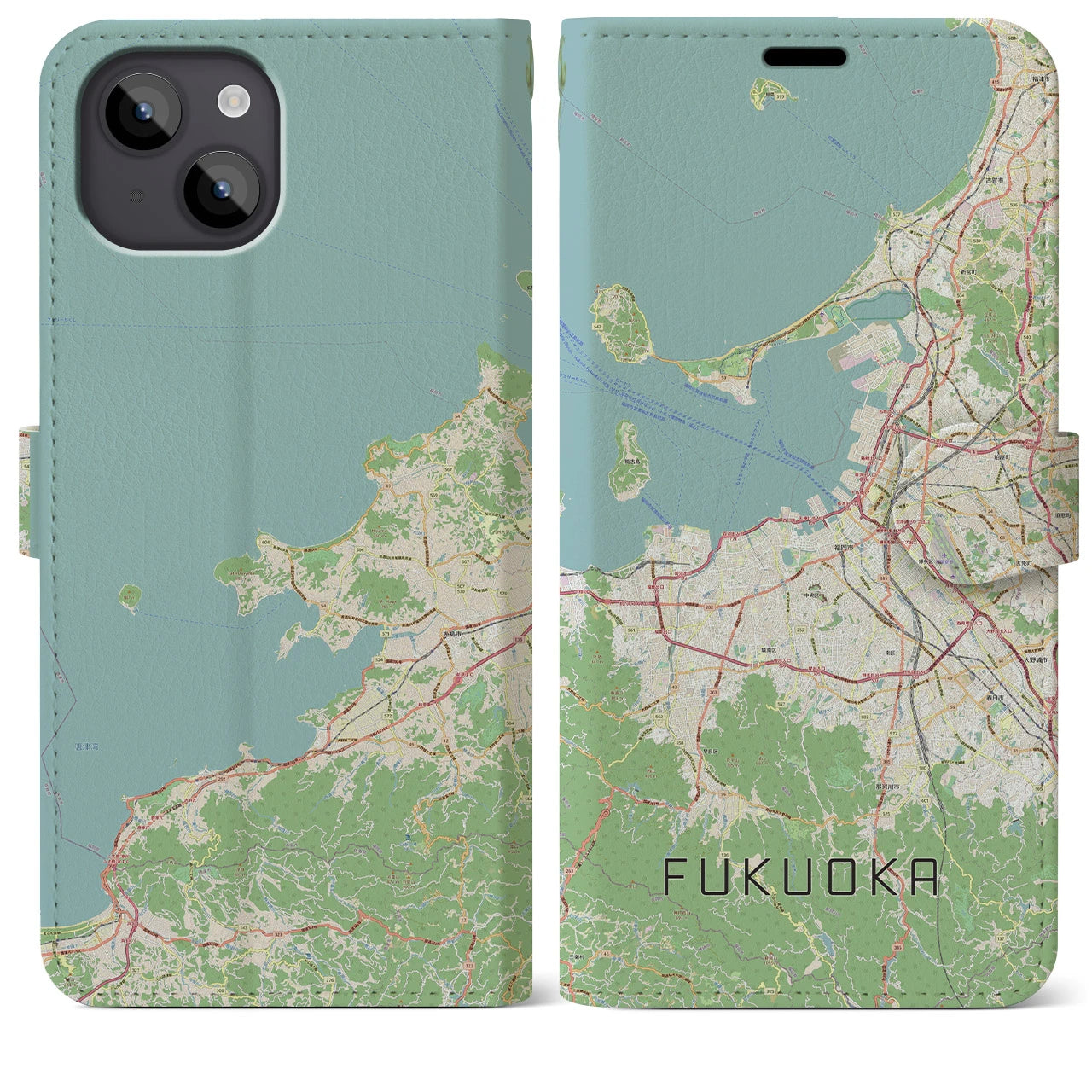 【福岡】地図柄iPhoneケース（手帳両面タイプ・ナチュラル）iPhone 14 Plus 用