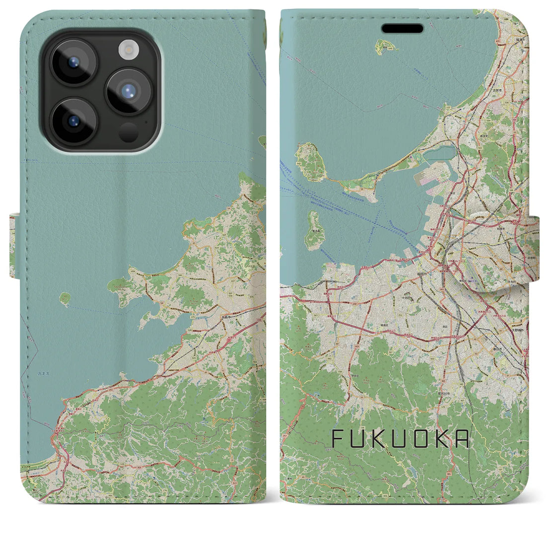 【福岡】地図柄iPhoneケース（手帳両面タイプ・ナチュラル）iPhone 15 Pro Max 用