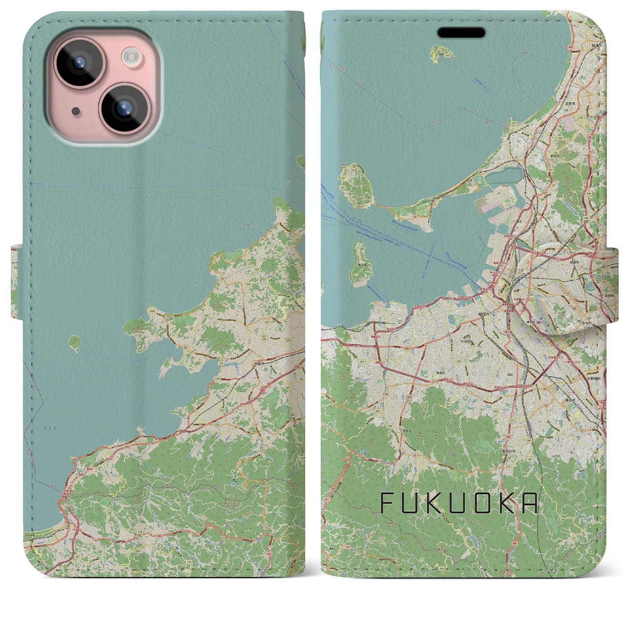 【福岡】地図柄iPhoneケース（手帳両面タイプ・ナチュラル）iPhone 15 Plus 用