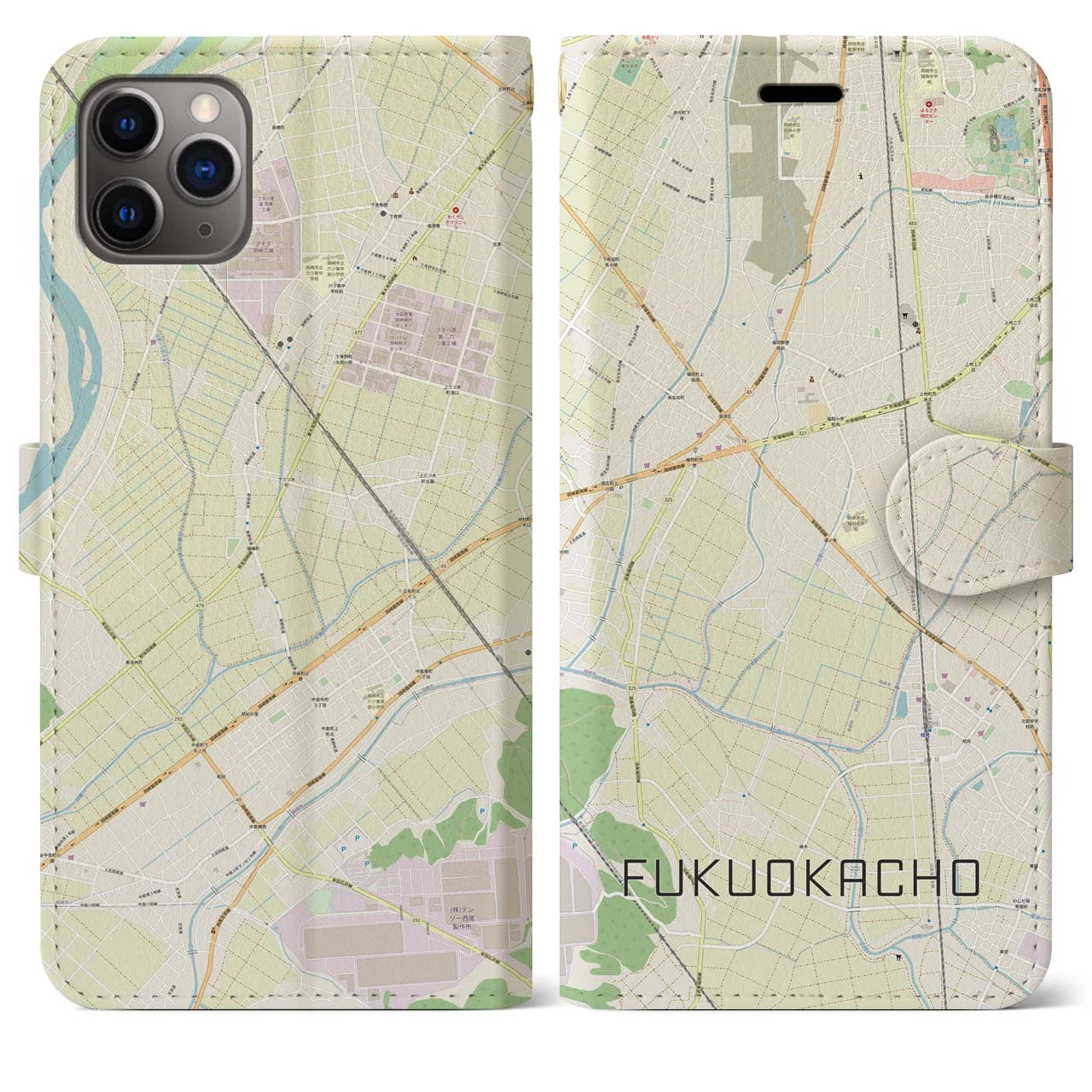 【福岡町】地図柄iPhoneケース（手帳両面タイプ・ナチュラル）iPhone 11 Pro Max 用