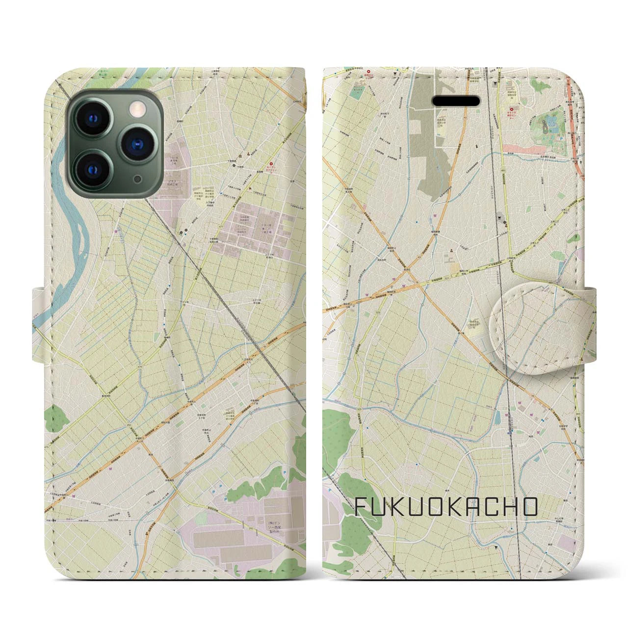 【福岡町】地図柄iPhoneケース（手帳両面タイプ・ナチュラル）iPhone 11 Pro 用