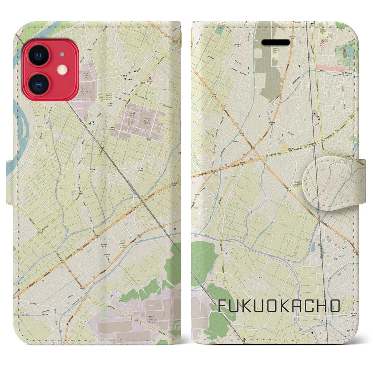 【福岡町】地図柄iPhoneケース（手帳両面タイプ・ナチュラル）iPhone 11 用