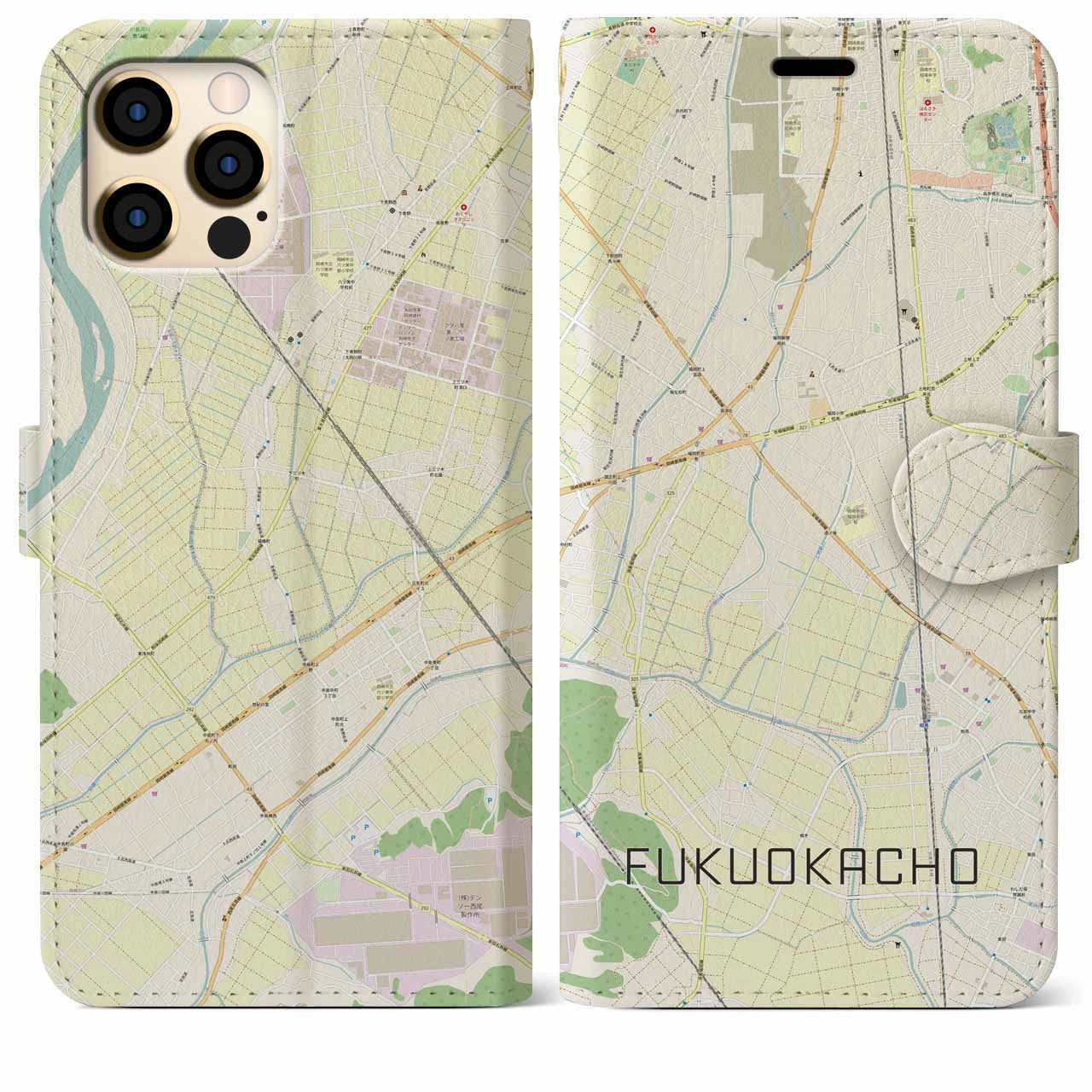 【福岡町】地図柄iPhoneケース（手帳両面タイプ・ナチュラル）iPhone 12 Pro Max 用