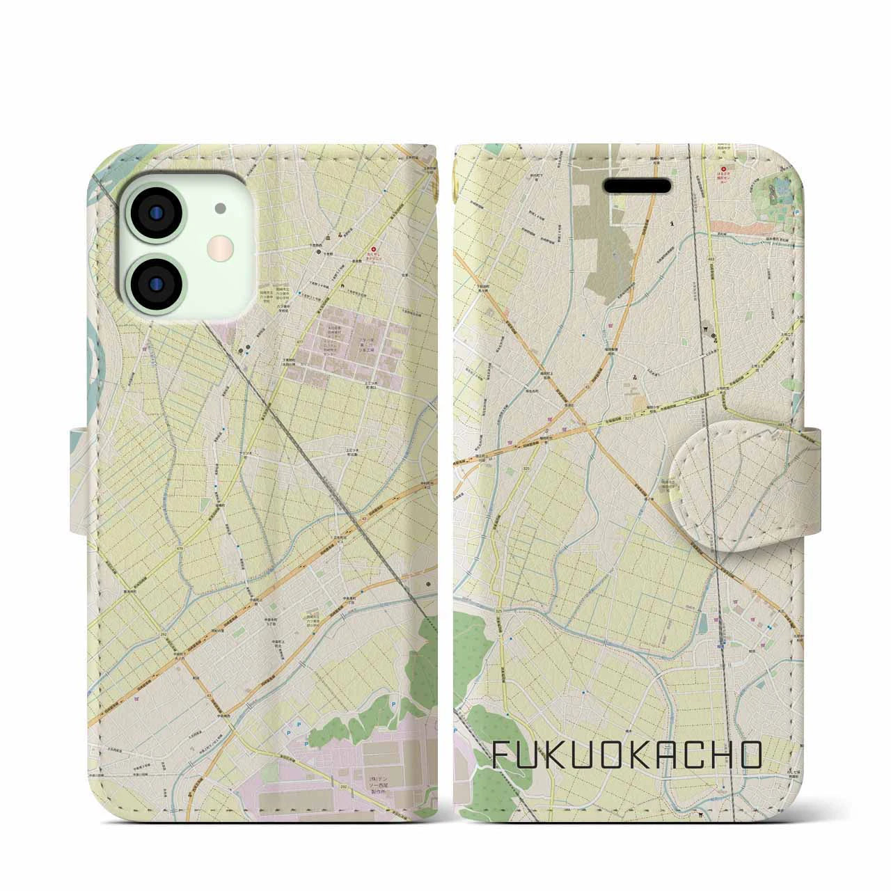 【福岡町】地図柄iPhoneケース（手帳両面タイプ・ナチュラル）iPhone 12 mini 用
