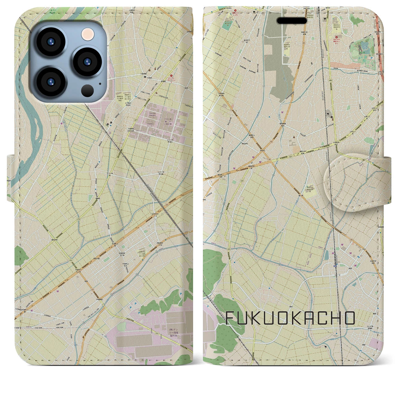 【福岡町】地図柄iPhoneケース（手帳両面タイプ・ナチュラル）iPhone 13 Pro Max 用