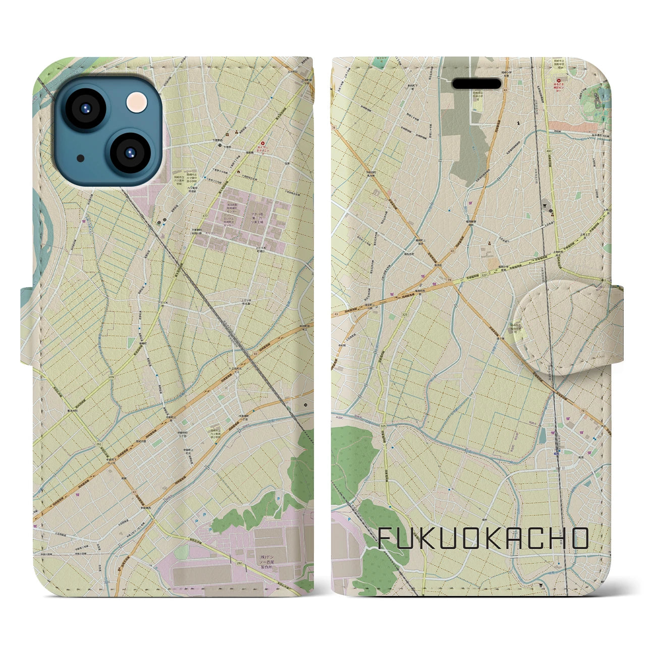 【福岡町】地図柄iPhoneケース（手帳両面タイプ・ナチュラル）iPhone 13 用