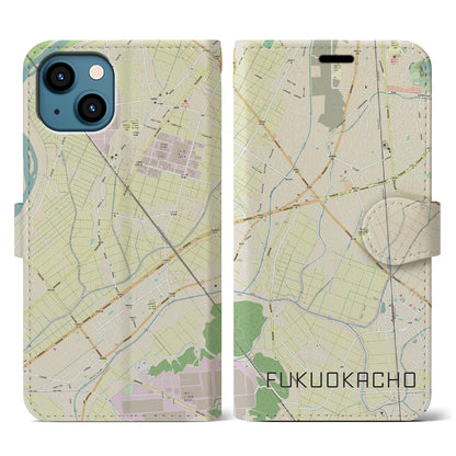 【福岡町（愛知県）】地図柄iPhoneケース（手帳タイプ）ナチュラル・iPhone 13 用