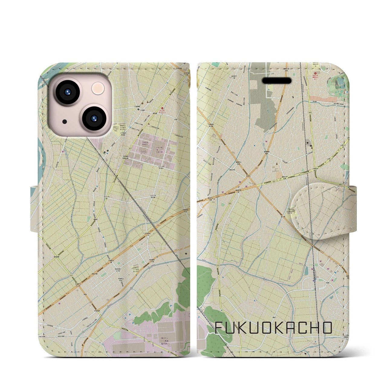 【福岡町】地図柄iPhoneケース（手帳両面タイプ・ナチュラル）iPhone 13 mini 用