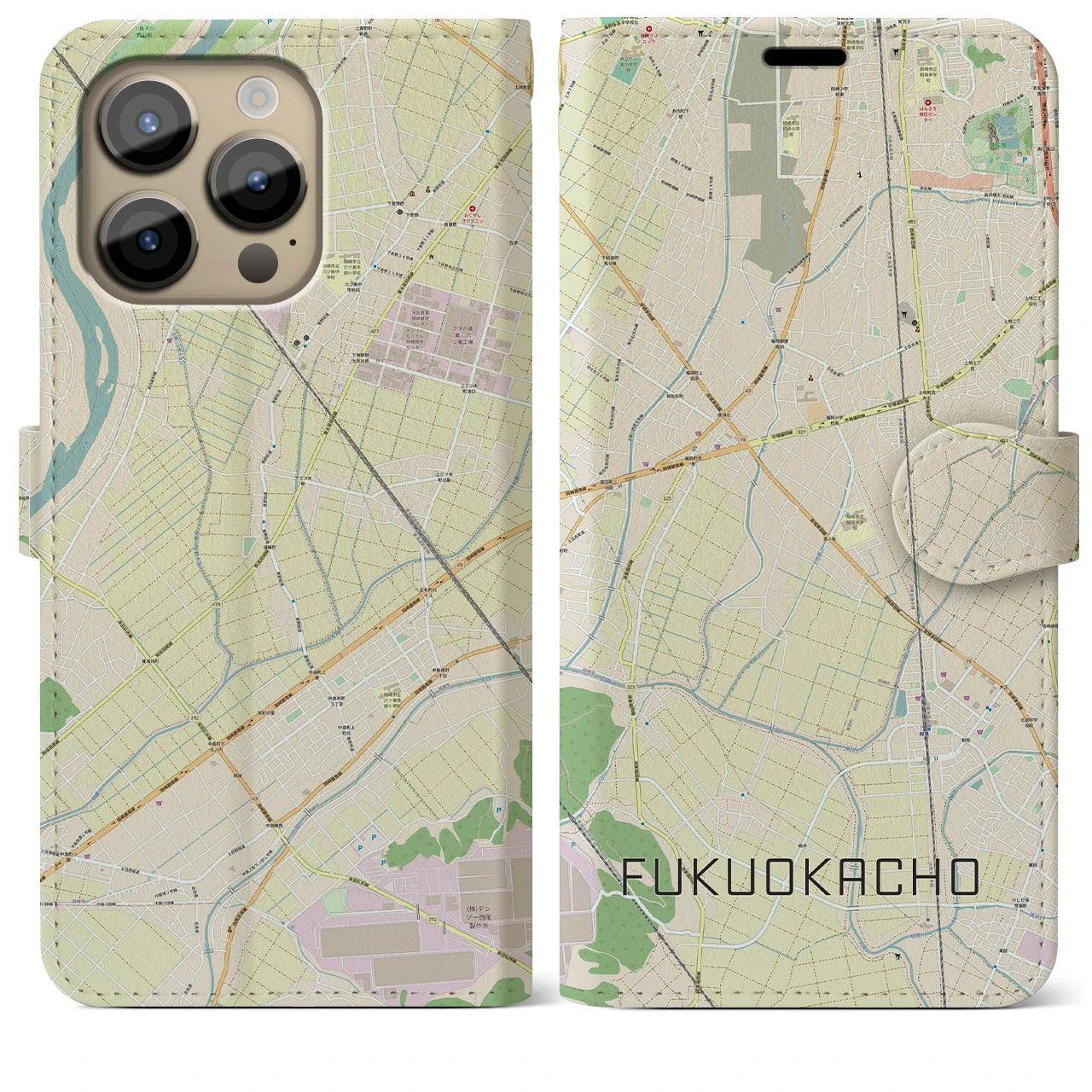 【福岡町】地図柄iPhoneケース（手帳両面タイプ・ナチュラル）iPhone 14 Pro Max 用