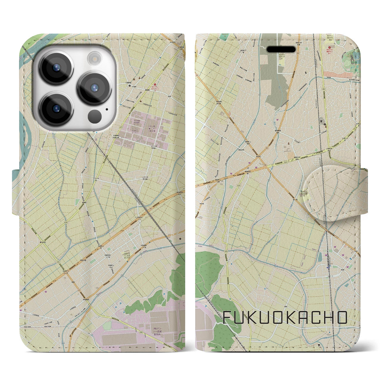 【福岡町】地図柄iPhoneケース（手帳両面タイプ・ナチュラル）iPhone 14 Pro 用