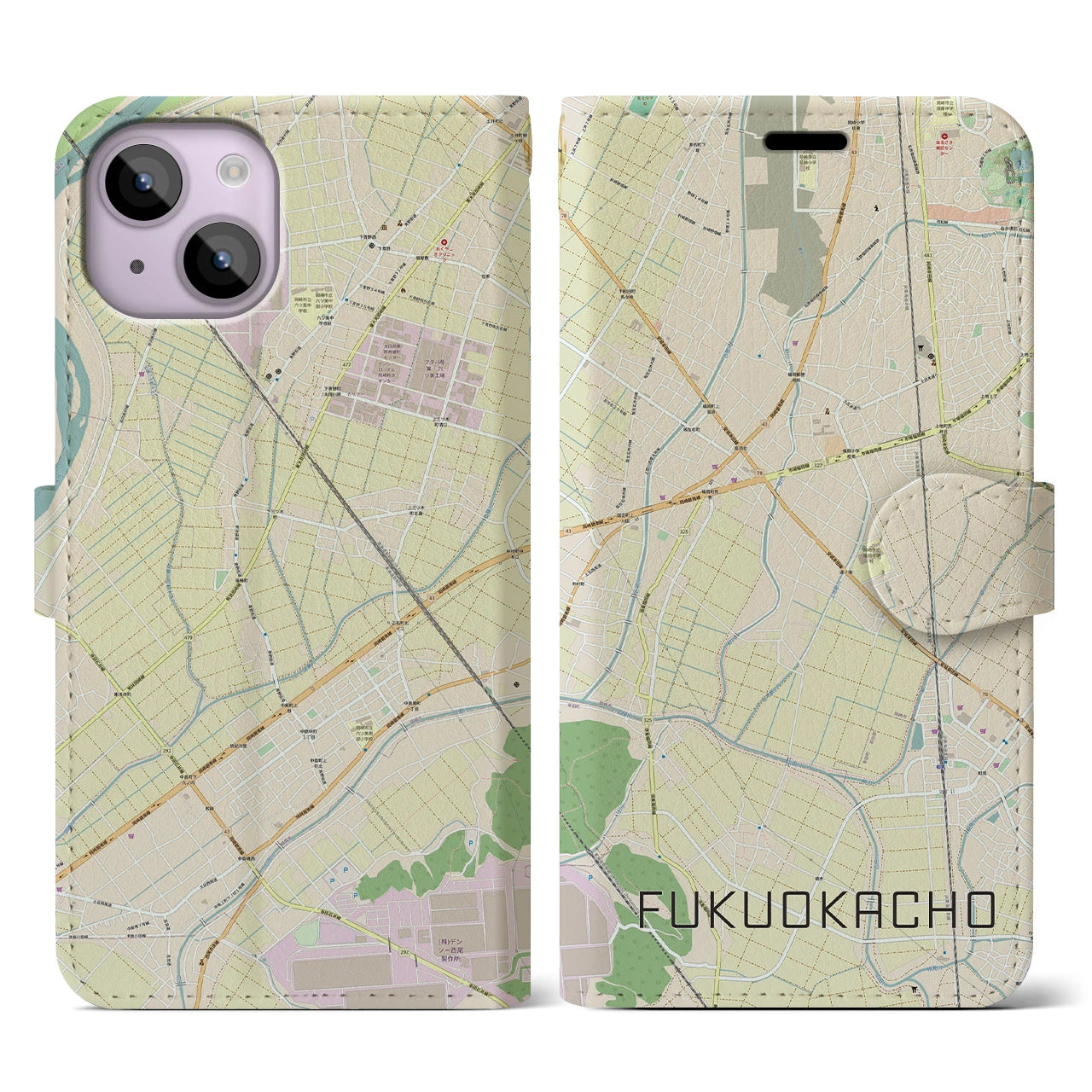 【福岡町】地図柄iPhoneケース（手帳両面タイプ・ナチュラル）iPhone 14 用