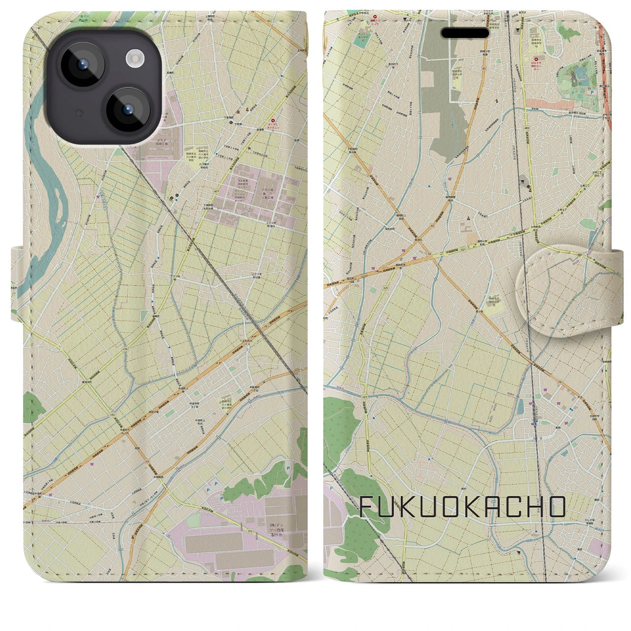 【福岡町】地図柄iPhoneケース（手帳両面タイプ・ナチュラル）iPhone 14 Plus 用