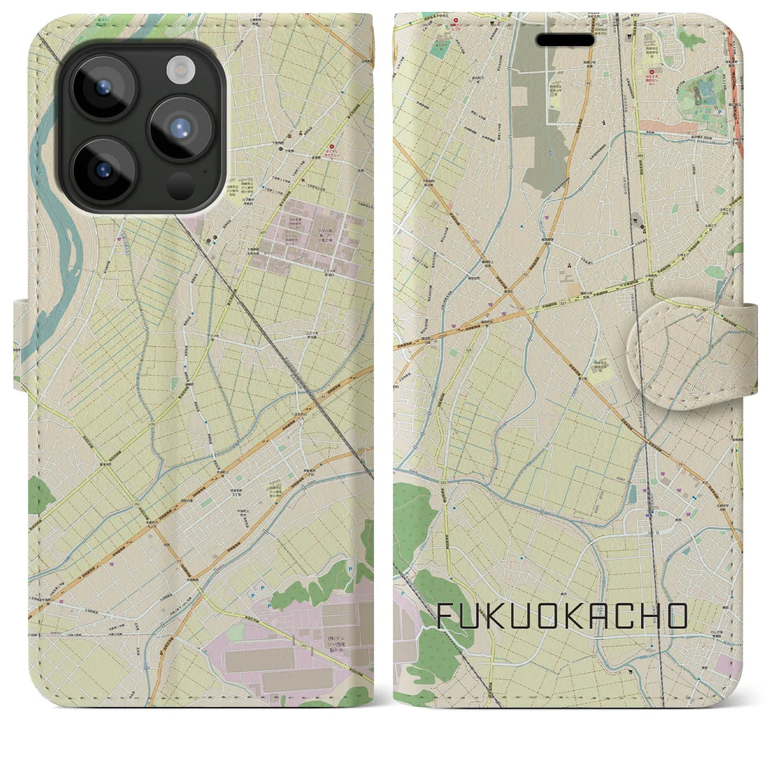 【福岡町】地図柄iPhoneケース（手帳両面タイプ・ナチュラル）iPhone 15 Pro Max 用