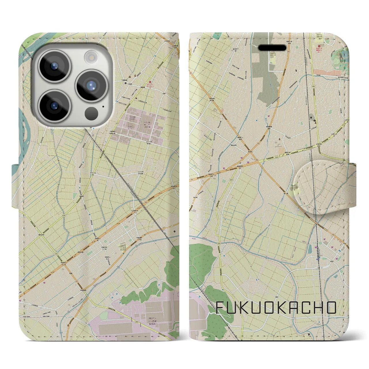 【福岡町】地図柄iPhoneケース（手帳両面タイプ・ナチュラル）iPhone 15 Pro 用