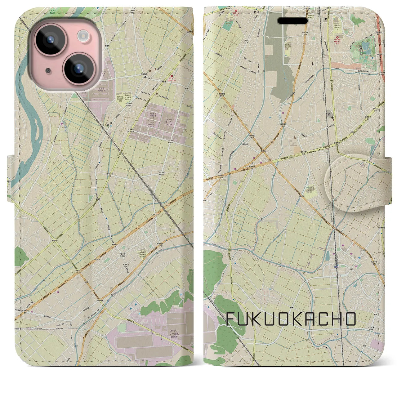 【福岡町】地図柄iPhoneケース（手帳両面タイプ・ナチュラル）iPhone 15 Plus 用