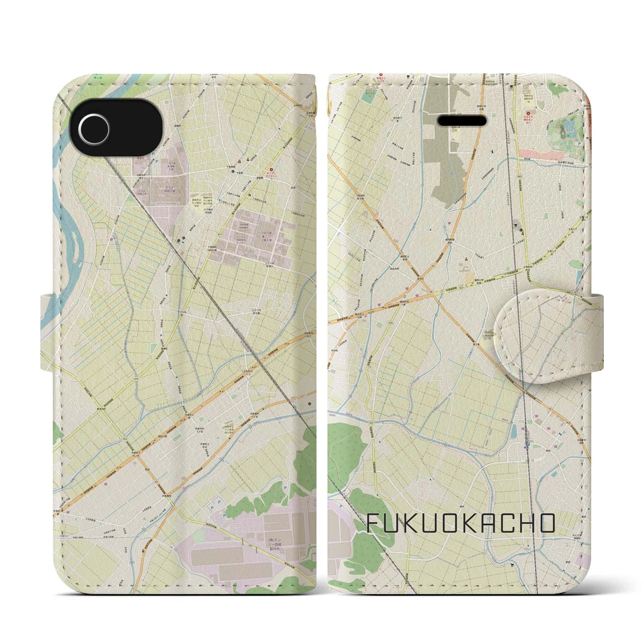 【福岡町】地図柄iPhoneケース（手帳両面タイプ・ナチュラル）iPhone SE（第3 / 第2世代） / 8 / 7 / 6s / 6 用