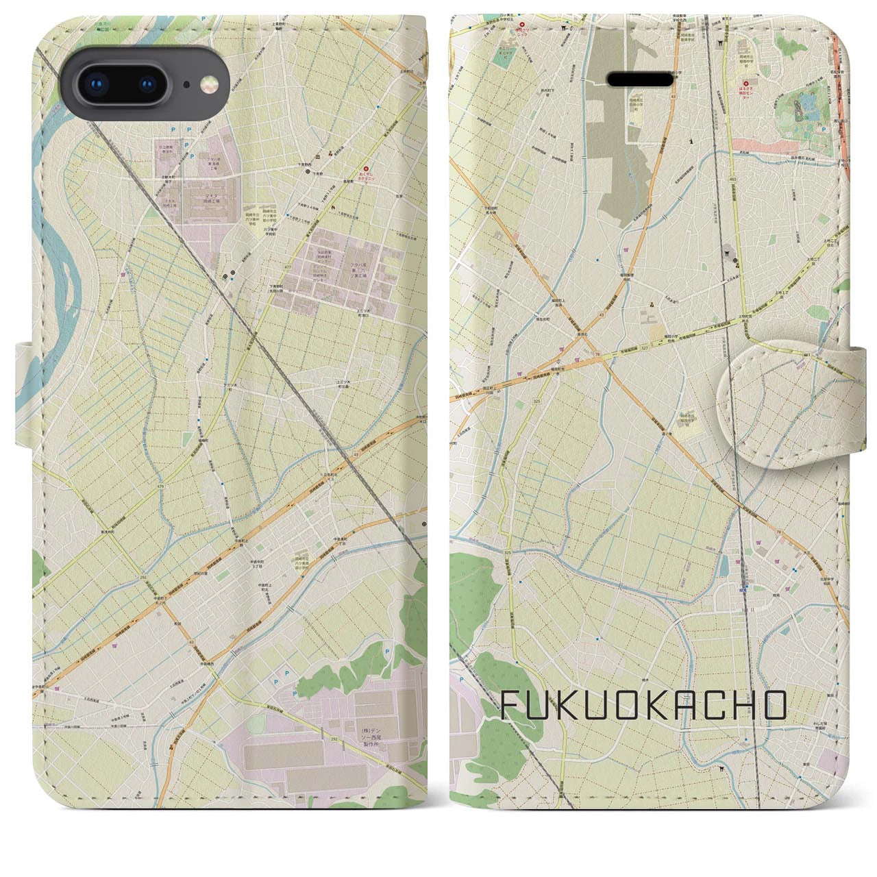 【福岡町】地図柄iPhoneケース（手帳両面タイプ・ナチュラル）iPhone 8Plus /7Plus / 6sPlus / 6Plus 用