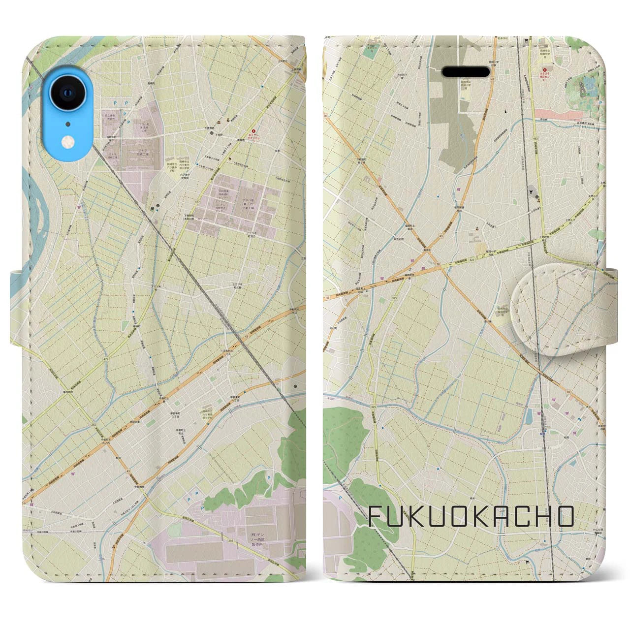 【福岡町】地図柄iPhoneケース（手帳両面タイプ・ナチュラル）iPhone XR 用