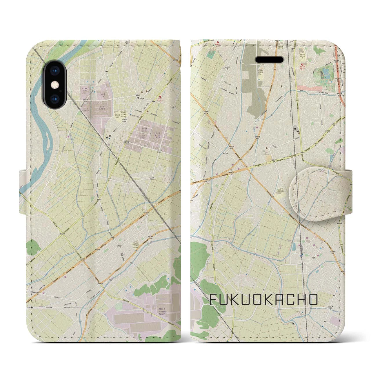【福岡町】地図柄iPhoneケース（手帳両面タイプ・ナチュラル）iPhone XS / X 用