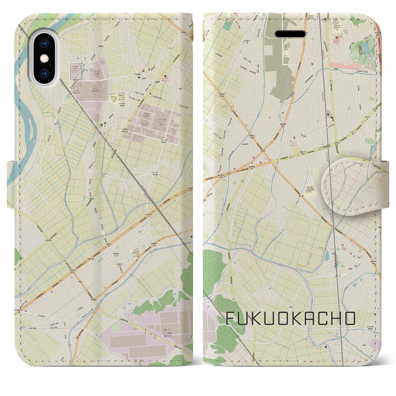 【福岡町】地図柄iPhoneケース（手帳両面タイプ・ナチュラル）iPhone XS Max 用