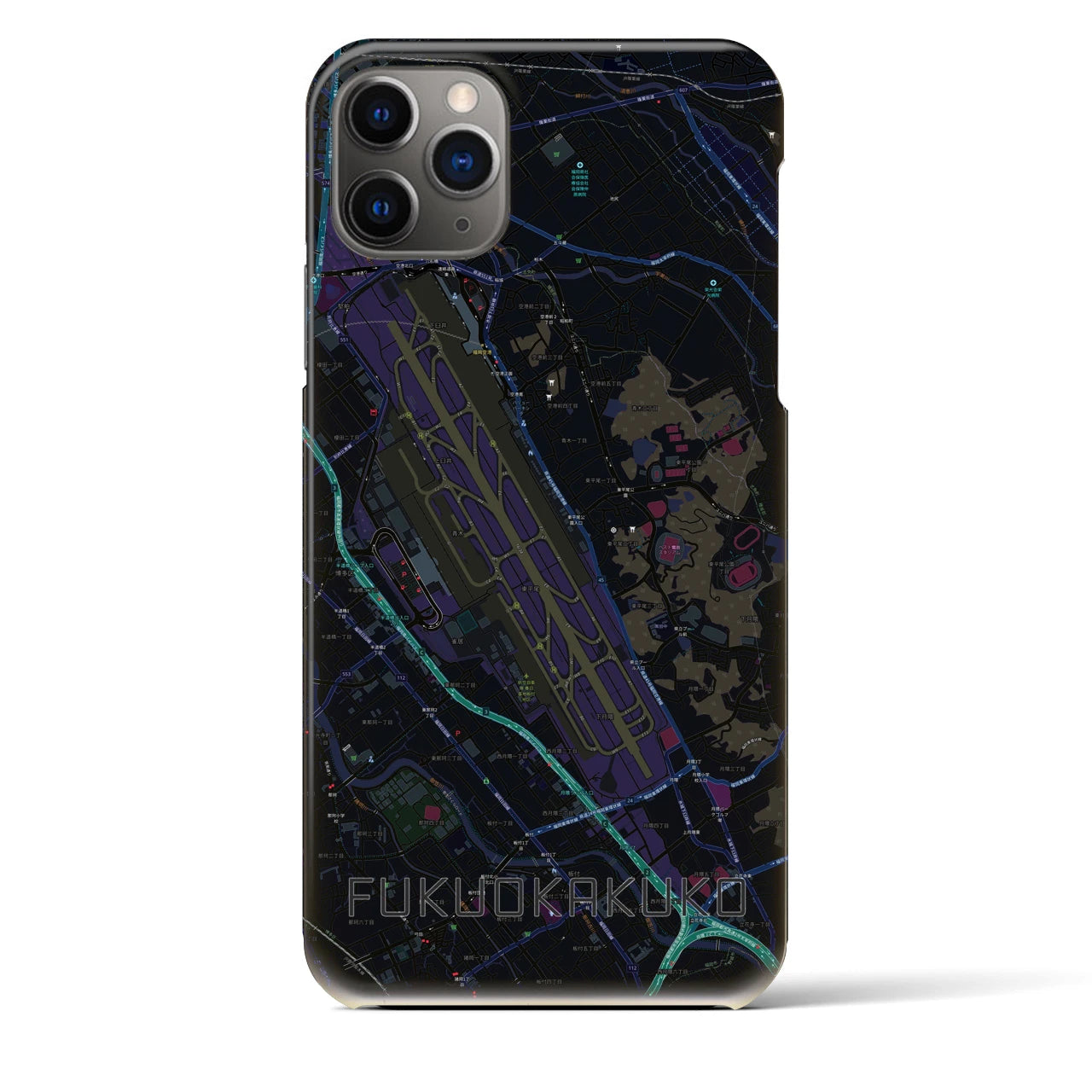 【福岡空港】地図柄iPhoneケース（バックカバータイプ・ブラック）iPhone 11 Pro Max 用
