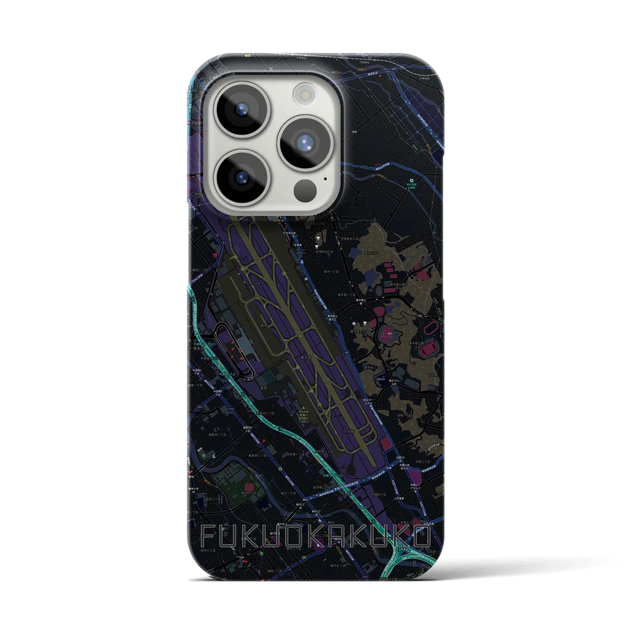 【福岡空港】地図柄iPhoneケース（バックカバータイプ・ブラック）iPhone 15 Pro 用