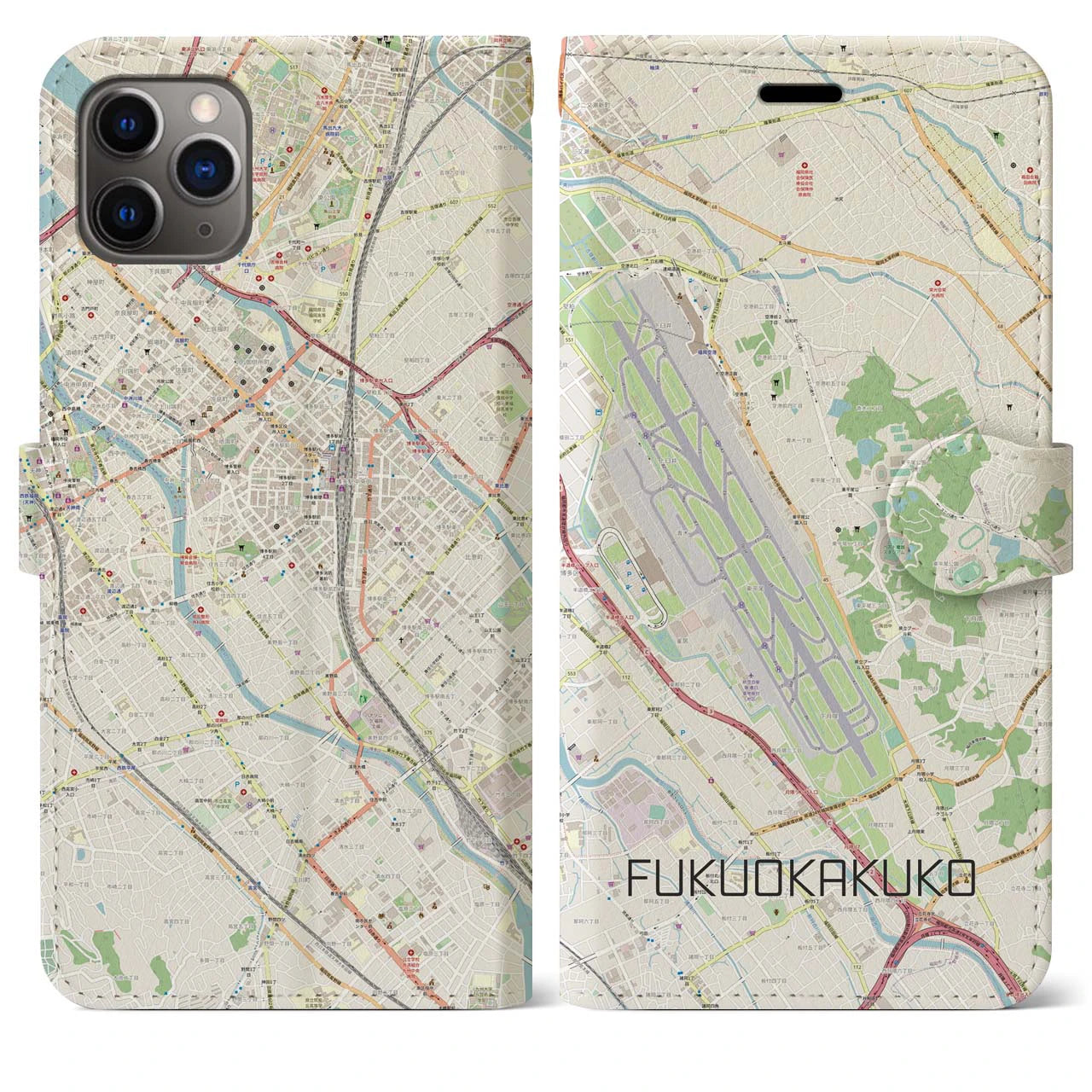 【福岡空港】地図柄iPhoneケース（手帳両面タイプ・ナチュラル）iPhone 11 Pro Max 用