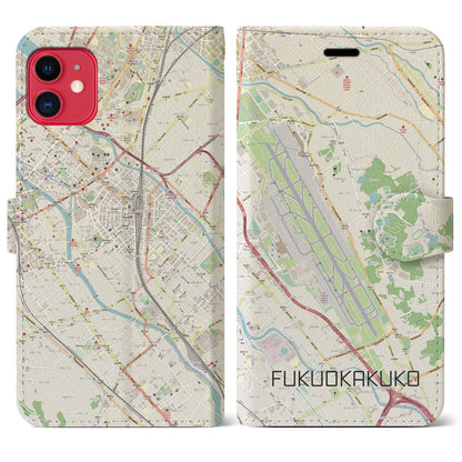 【福岡空港（福岡県）】地図柄iPhoneケース（手帳タイプ）ナチュラル・iPhone 11 用