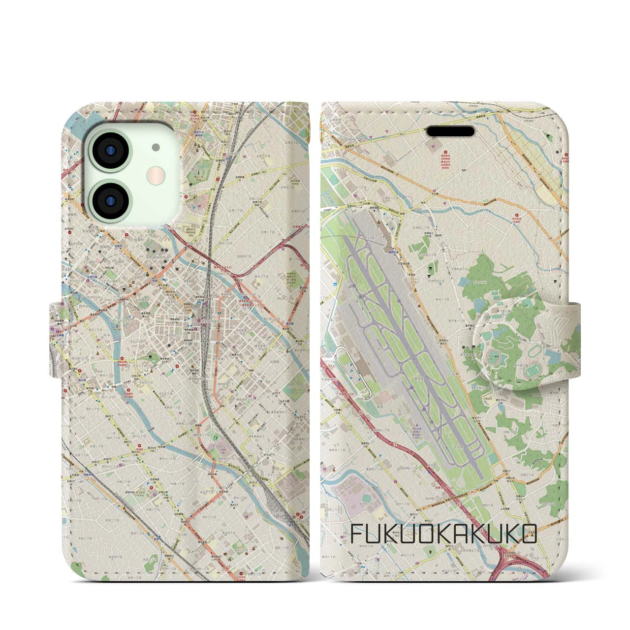 【福岡空港】地図柄iPhoneケース（手帳両面タイプ・ナチュラル）iPhone 12 mini 用