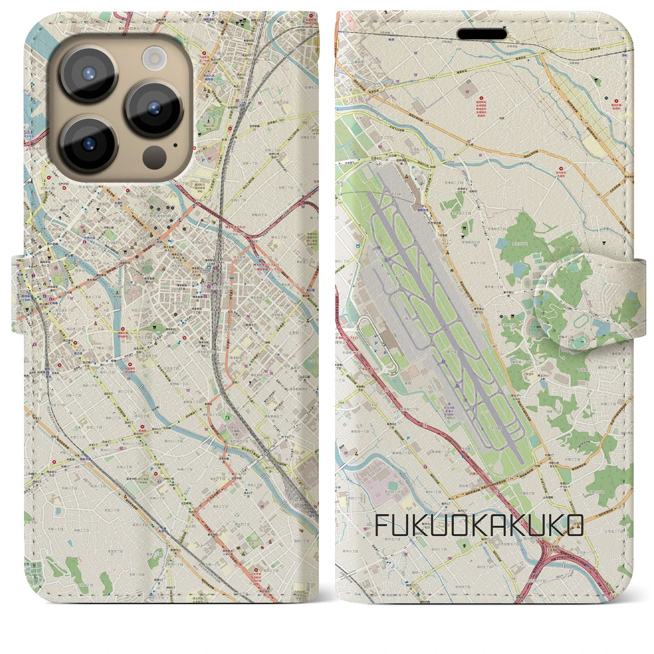 【福岡空港】地図柄iPhoneケース（手帳両面タイプ・ナチュラル）iPhone 14 Pro Max 用