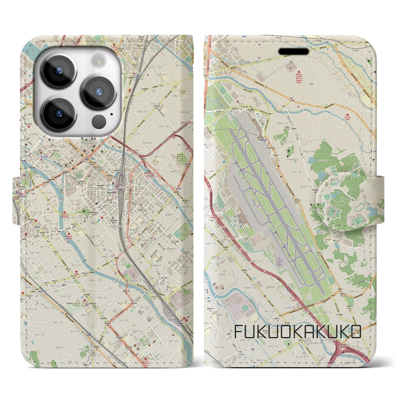 【福岡空港】地図柄iPhoneケース（手帳両面タイプ・ナチュラル）iPhone 14 Pro 用