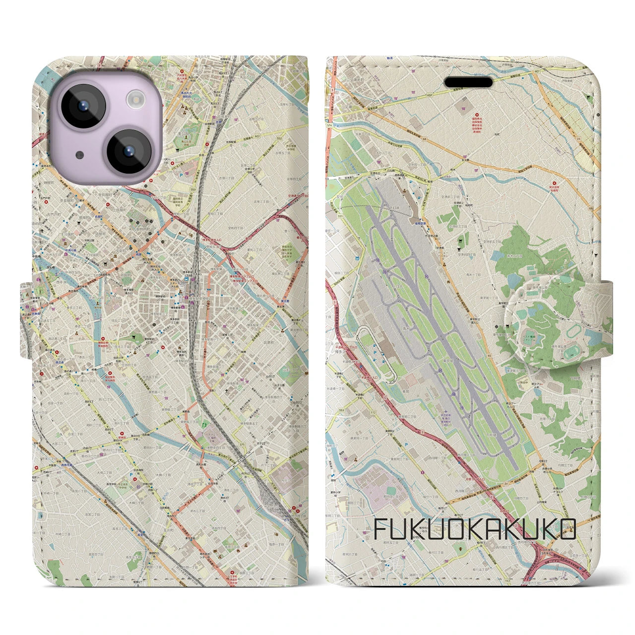 【福岡空港】地図柄iPhoneケース（手帳両面タイプ・ナチュラル）iPhone 14 用