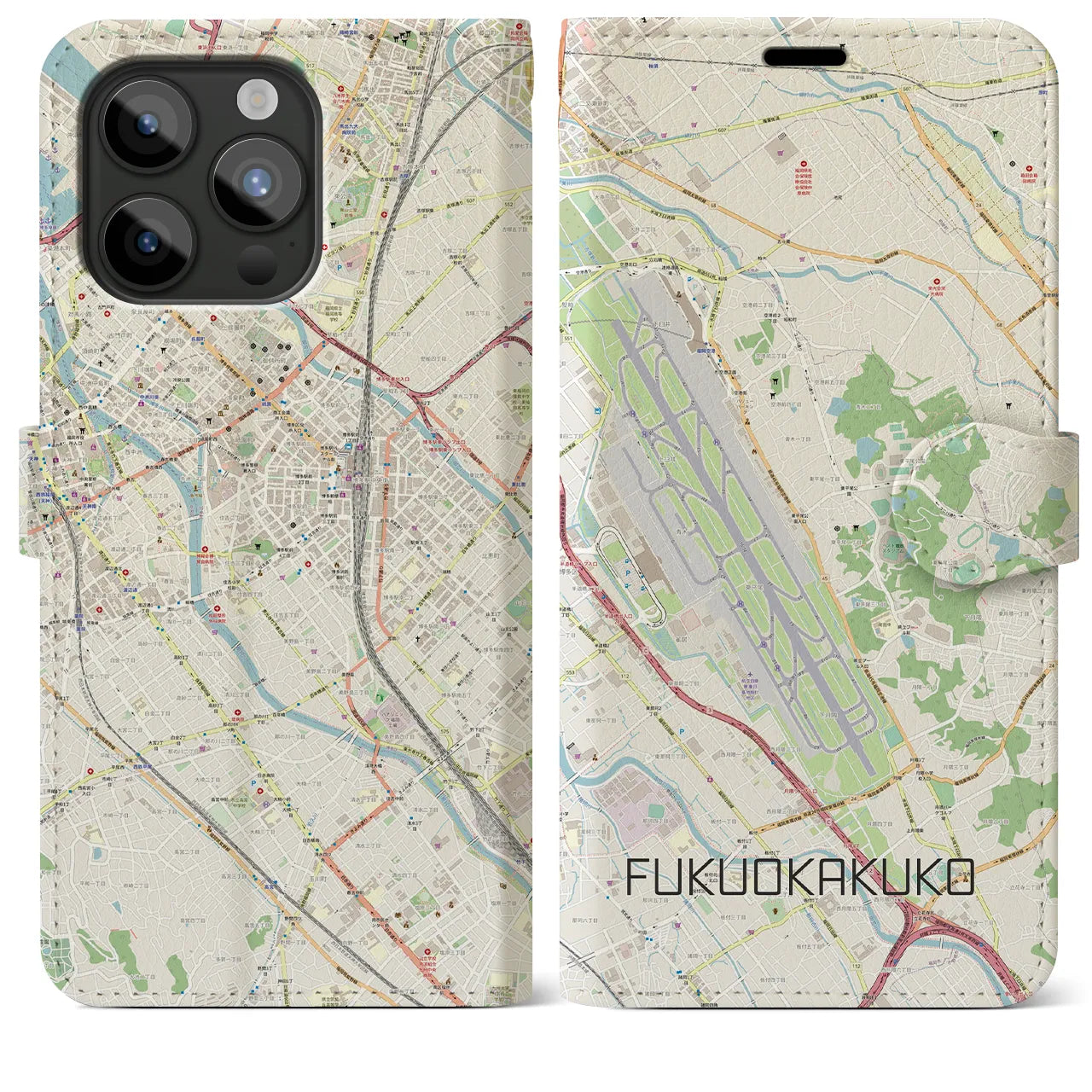 【福岡空港】地図柄iPhoneケース（手帳両面タイプ・ナチュラル）iPhone 15 Pro Max 用