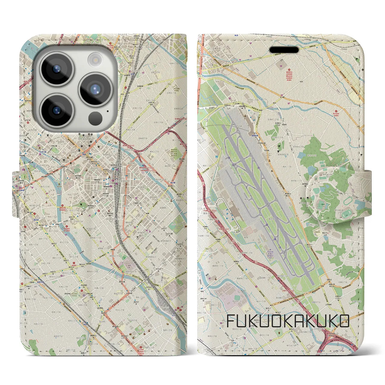 【福岡空港】地図柄iPhoneケース（手帳両面タイプ・ナチュラル）iPhone 15 Pro 用